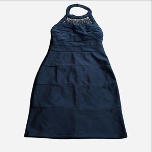 Midnight Doll Navy Blue Halter Bodycon Bandage Sheath Mini Dress Sz 9 Rhinestone